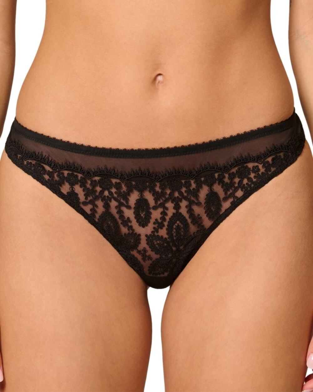 Simone Perele Embroidered Lace Trim Tulle Tanga Thong Panty Black Medium